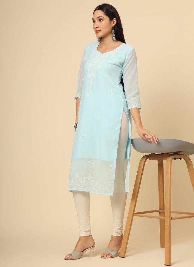 Georgette Sea Blue Casual Wear Embroidery Work Readymade Kurti